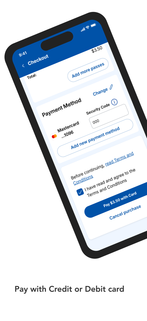 Um ecrã de smartphone a mostrar o processo de checkout na aplicação NICE gomobile para pagar um bilhete de autocarro usando Mastercard.