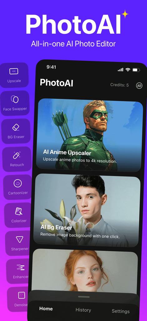 PhotoAI - AI Photo Enhancer - Startbildschirm der PhotoAI-App, der KI-Anime-Upscaling- und Hintergrundentfernungsfunktionen anzeigt