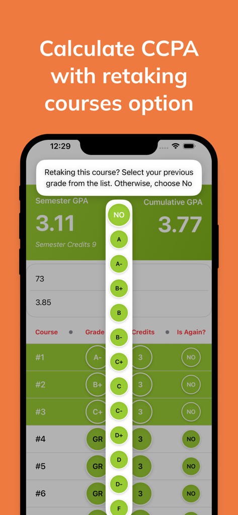 GPA Calculator - Écran de l'application Calculateur de GPA montrant la fonctionnalité de calcul du CGPA avec une option pour reprendre des cours et sélectionner des notes.