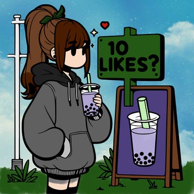 girl with oversized hoodie drinking boba and she has a high ponytail with a sign that says 10likes?