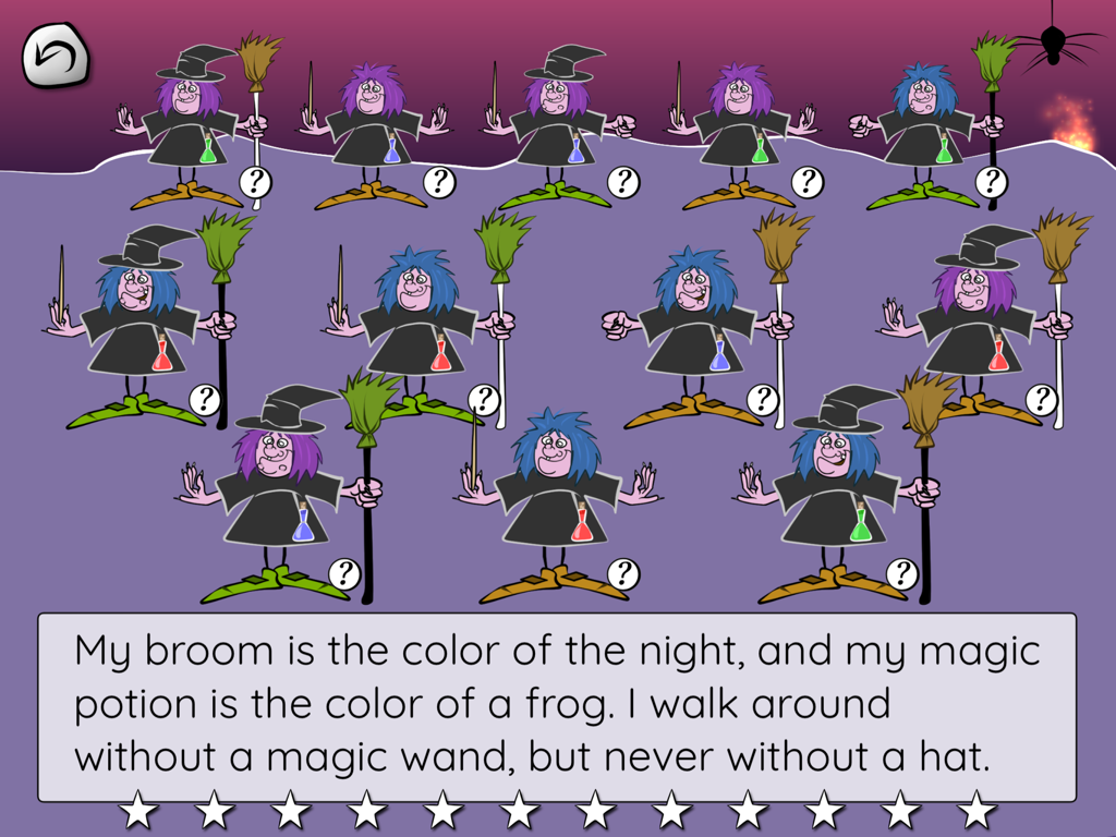 A reading comprehension riddle game screen featuring several cartoon witches with different attributes