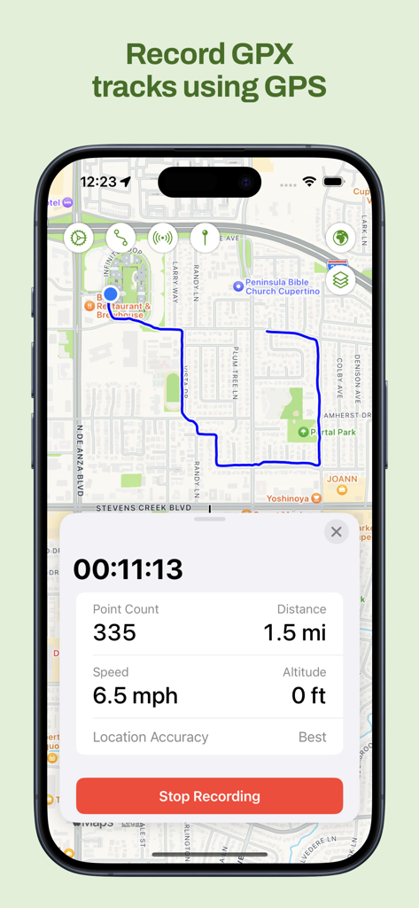 Maptrails - Maptrails iPhone app recording a GPX track on a map with real-time distance and speed data