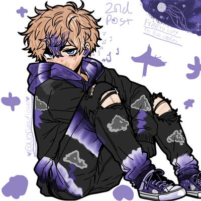 a male hoddie ripped jeans messy hair anime