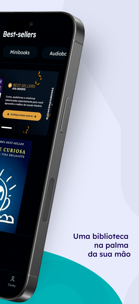 Aya Books: audiolivros, livros - Interfaz de la aplicación Aya Books en un teléfono inteligente que muestra categorías de libros más vendidos y funciones de biblioteca digital