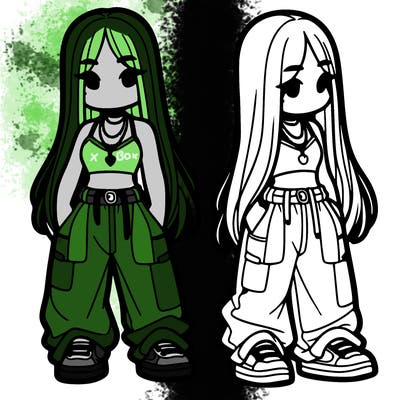 girl in baggy pants crop top and long hair