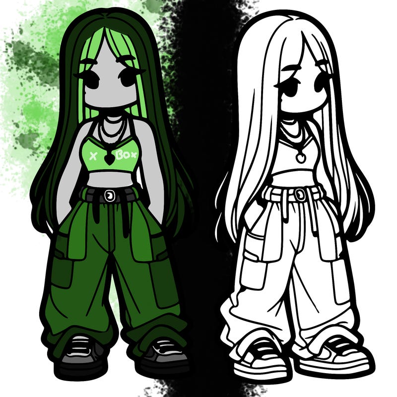 girl in baggy pants crop top and long hair