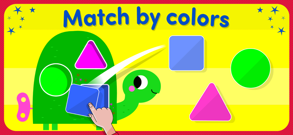 Shape games for kids toddlers - A child matching a blue square shape onto a friendly cartoon turtle in an educational toddler game.