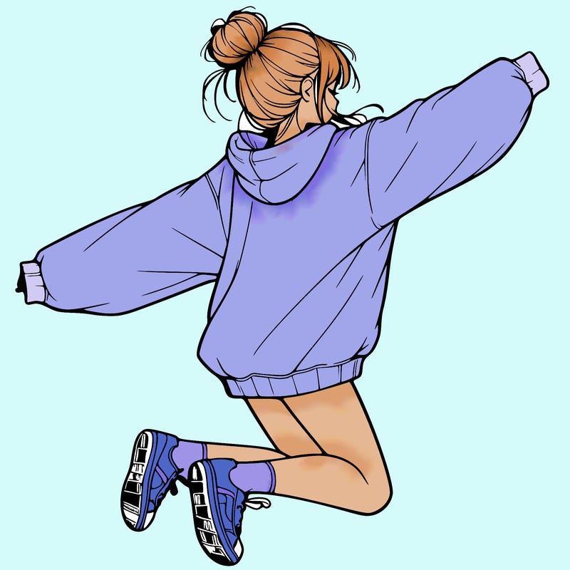 realistic girl jumping with a bun and oversized sweatshirt