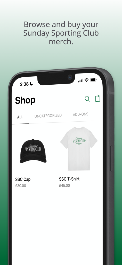 A mobile interface showing the Sunday Sporting Club shop with branded apparel including a cap and t-shirt.