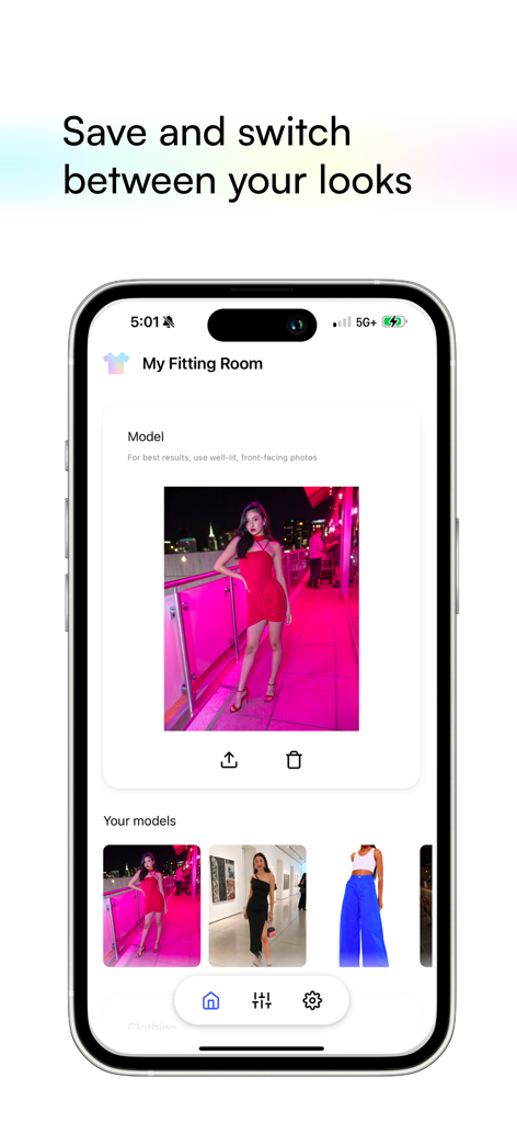 My Fitting Room - Interface do aplicativo Meu Provador mostrando uma modelo em um vestido vermelho e uma galeria de looks de moda salvos para prova virtual