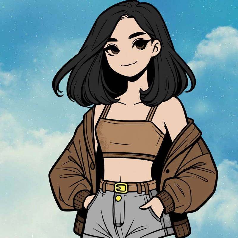 a realistic girl with a crop top and short shorts in an open jacket