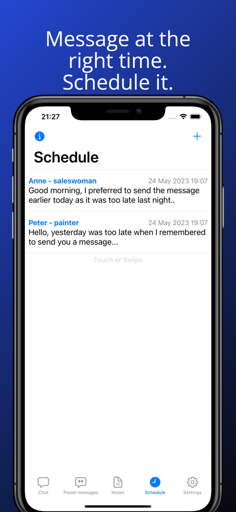 Interfaccia dell'app DirectChat Messenger che mostra un elenco di messaggi programmati per contatti aziendali come venditrice e imbianchino