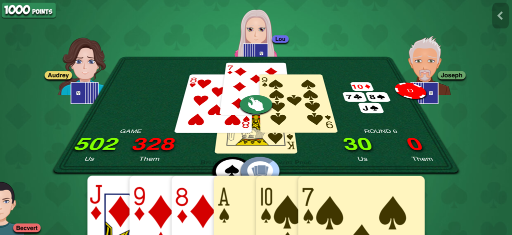 Une partie de Belote numérique en cours avec quatre avatars de joueurs autour d'une table verte
