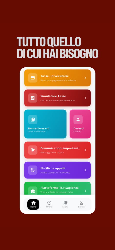 Studenti Roma - Schermata principale dell'app Studenti Roma con scorciatoie per tasse universitarie ed esami.