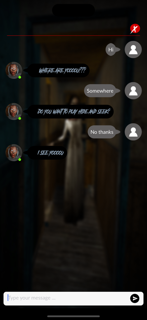 Scary Granny Contact Game - A live chat interface with scary granny sending creepy messages in a dark hallway.