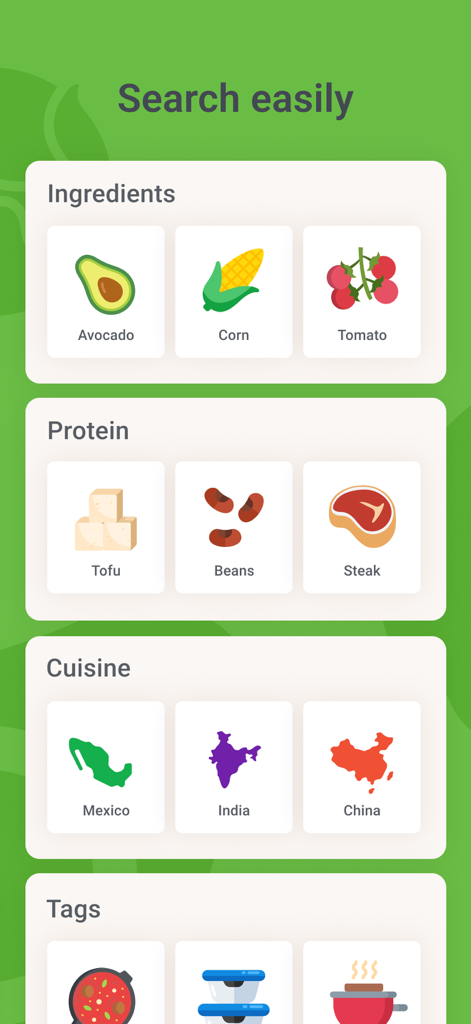 Cook Smarts - Easy Meal Plans - Cook Smarts app interface showing easy search options by ingredients, protein, and cuisine