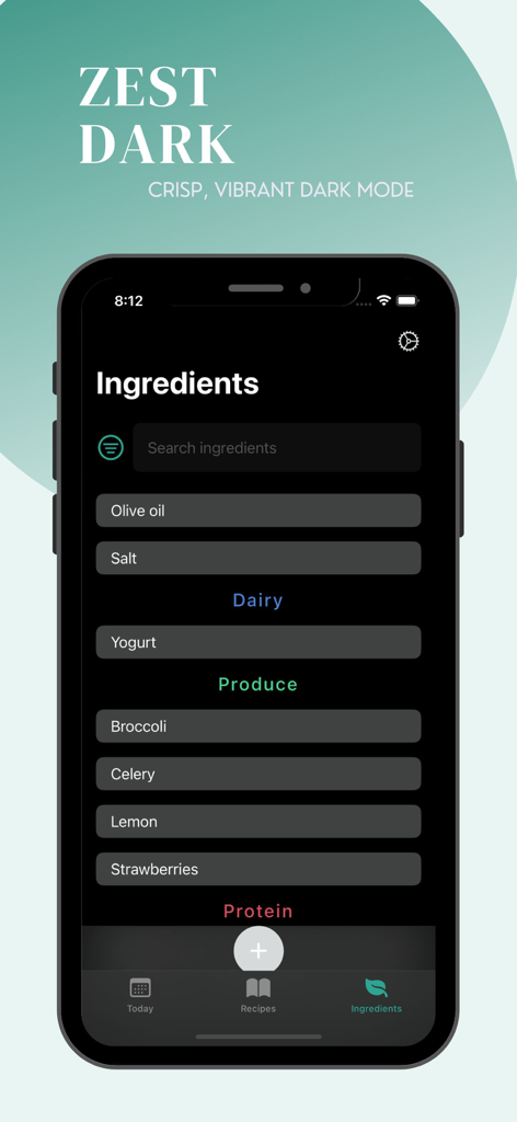 Zest Recipe Planner - Zest 레시피 플래너 앱 인터페이스, 어두운 모드에서 유제품 및 농산물과 같은 카테고리로 구성된 재료 라이브러리 표시
