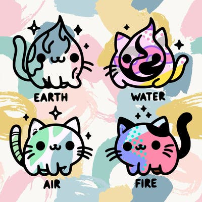 4 cats that represent the different elements, earth, water, air, and fire