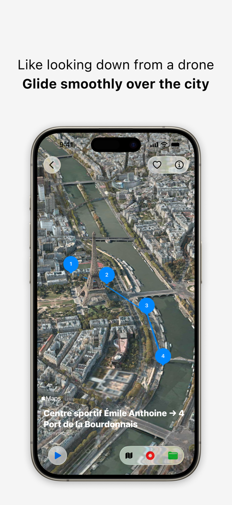 Skymera - 3D Map Studio - iPhone interface showing a 3D satellite map of Paris with a drone flight path in the Skymera app