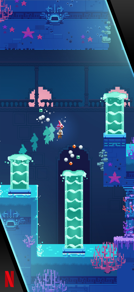 Lucky Luna - Luna navigating vertical water columns in a pixel art temple