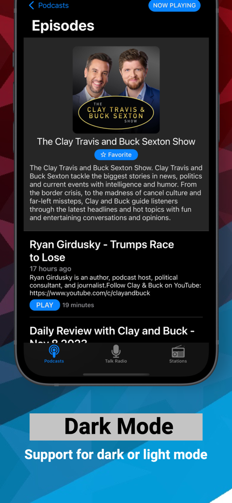Conservative Talk Radio - Interfaccia dell'app Conservative Talk Radio in modalità scura che mostra episodi podcast di Clay Travis e Buck Sexton