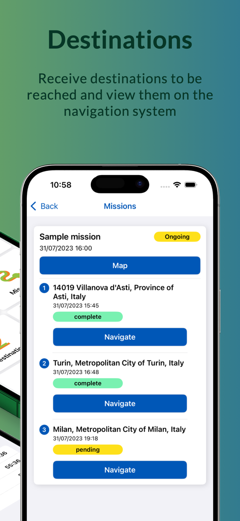 KMaster Driver - Interfaccia dell'app KMaster Driver che mostra un elenco di destinazioni di consegna con aggiornamenti di stato e pulsanti di navigazione