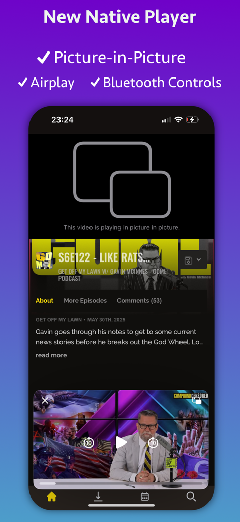 A screenshot of the Censored TV app highlighting its new native player with picture-in-picture and Airplay support