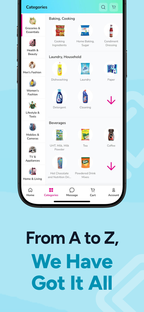 Cartup: Online Shopping - Mobile app screen of Cartup showing various shopping categories from groceries to electronics