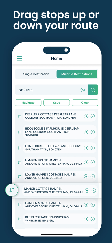 DelM8 mobile app interface showing multiple delivery destinations and the ability to drag stops to reorder a route