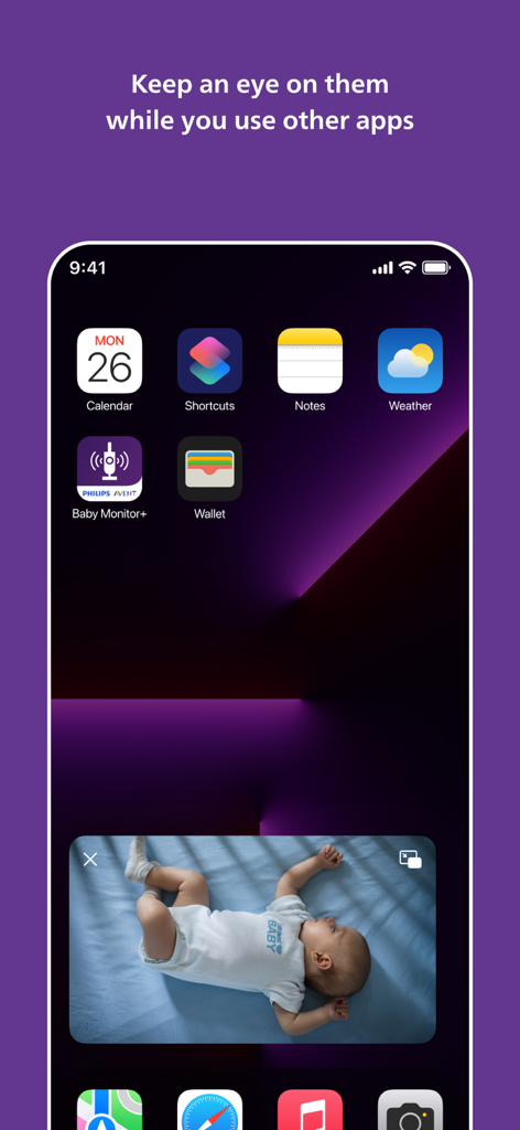 Philips Avent Baby Monitor+ - Pantalla de inicio del smartphone que muestra una ventana de video picture-in-picture de un bebé durmiendo superpuesta a otras aplicaciones móviles.