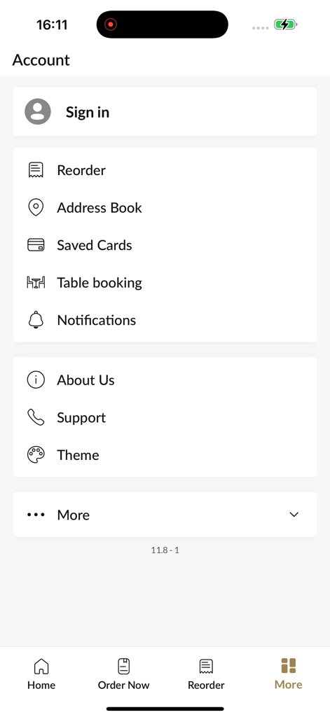 La Casetta Pizza And Pasta Bar - The account and settings screen of the La Casetta Pizza And Pasta Bar mobile app showing options for reordering, table booking, and saved cards.