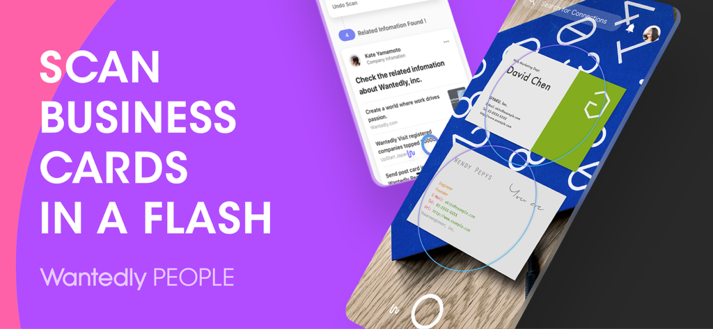 Wantedly People - Wantedly People app showing how to scan business cards in a flash to create digital contacts