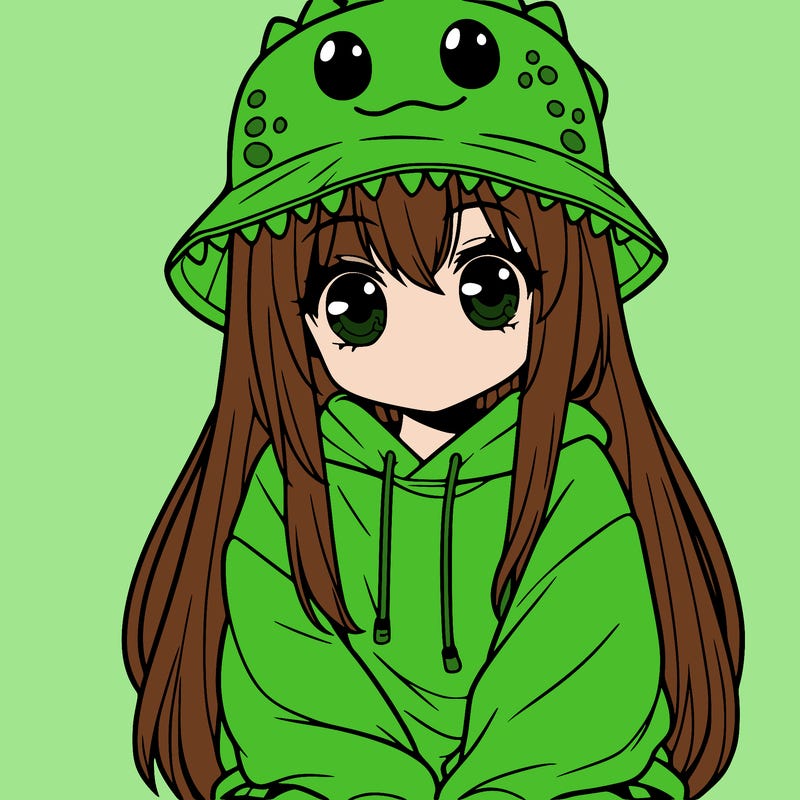 girl with anime shaped eyes with a dinosaur bucket hat oversized sweatshirt long straight hair