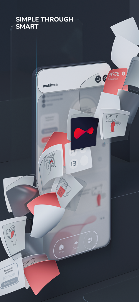 Mobicom app screen with floating icons for data packages and bill payments