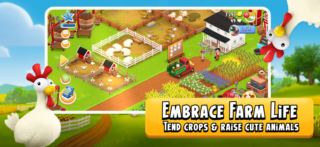 Hay Day gameplay showing a vibrant farm with animal pens crops and a white farmhouse