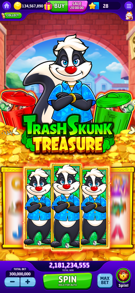 Cash Mania: Vegas Slots Casino - Pantalla del juego Cash Mania con la máquina tragamonedas Trash Skunk Treasure con un personaje de zorrillo de dibujos animados y fondo de monedas de oro.
