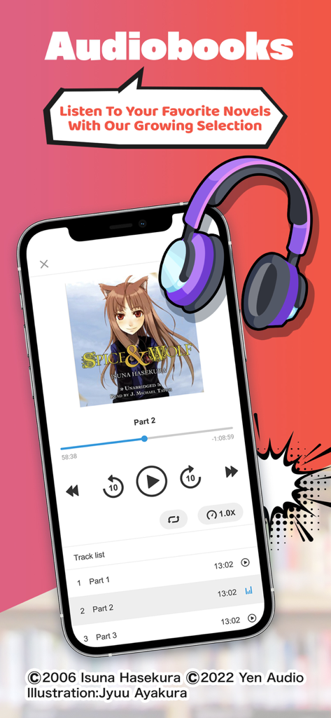 Smartphone screen showing the BOOK WALKER app audiobook player featuring a light novel