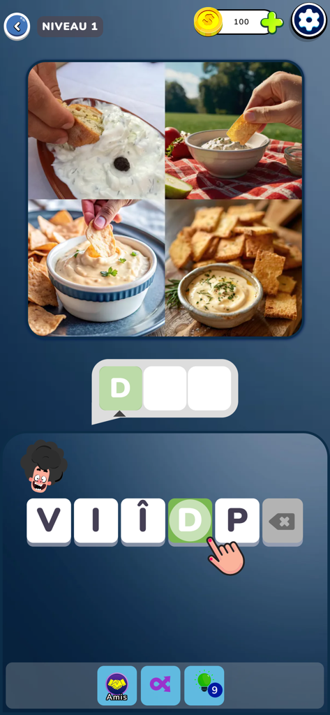 Gameplay screenshot of the word puzzle game 4 Images 1 Mot showing four images of food dips and a three letter word challenge