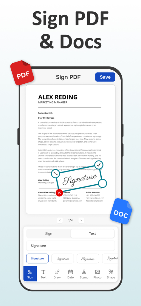 Signature Maker - e Sign App - Signature Maker app interface for signing PDF and documents on a smartphone