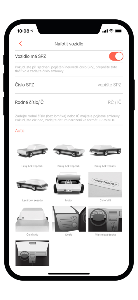 Pillow insurance - Mobile app screen for guided vehicle inspection showing various car parts to photograph for insurance