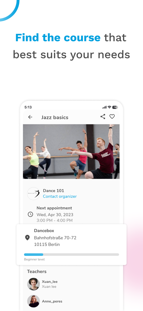 Interfaccia dell'app Danceflavors che mostra i dettagli del corso di basi di jazz con luogo e insegnanti