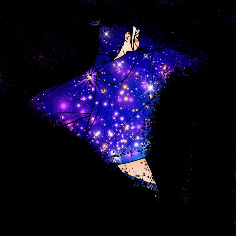 realistic girl jumping with a bun and oversized sweatshirt