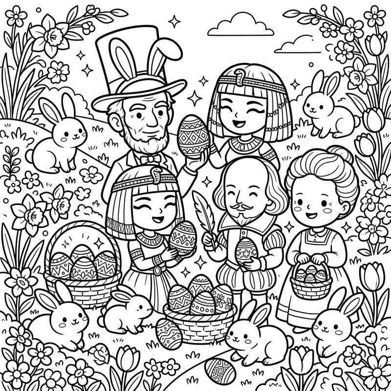 Step back in time for an adorable Easter celebration with this unique coloring page! Featuring beloved historical figures reimagined in a charming chibi style, it's a festive blend of history and holiday fun.