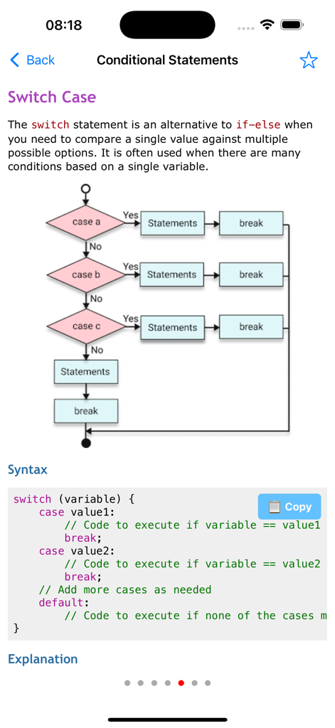 Learn Java Programming Pro - Java tutorial screen showing Switch Case conditional statements with a flowchart and code