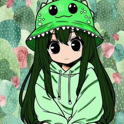 girl with anime shaped eyes with a dinosaur bucket hat oversized sweatshirt long straight hair