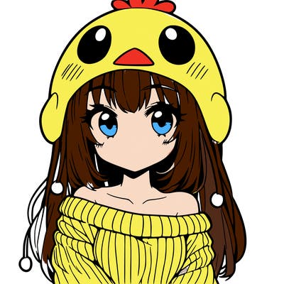 anime girl with chick shaped hat with sweater with bare shoulders with bangs covering them one eye with low tail