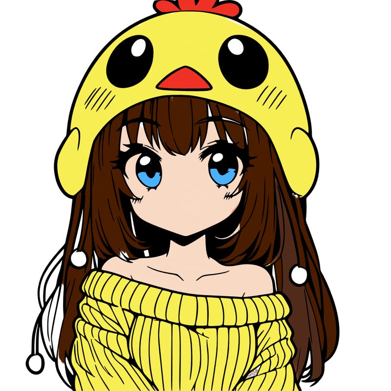 anime girl with chick shaped hat with sweater with bare shoulders with bangs covering them one eye with low tail