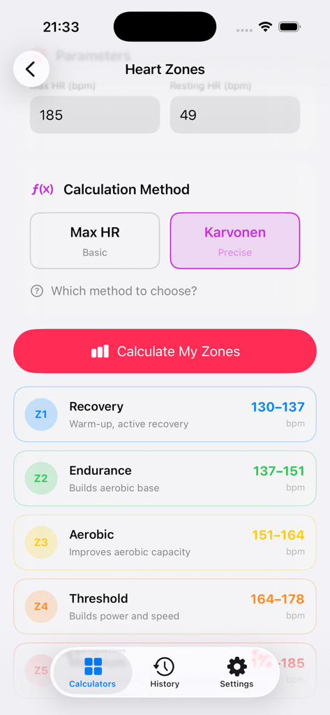 Run4Speed - Heart rate zones calculator screen in the Run4Speed app showing training intensity levels from recovery to threshold