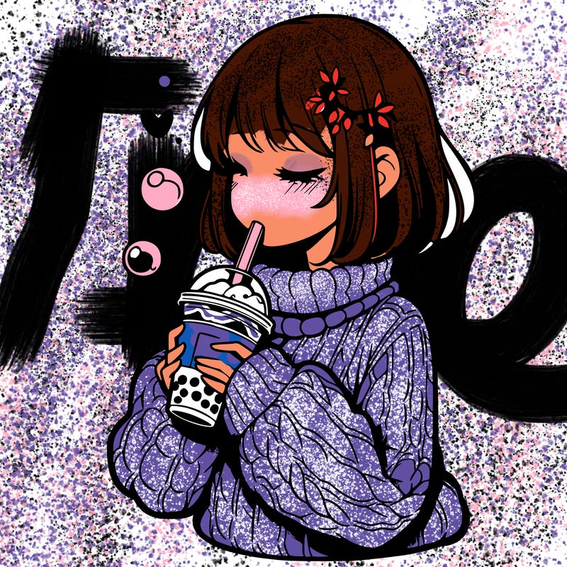manga girl drinking boba in cozy sweater