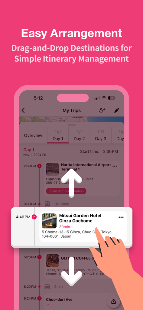 Funliday - Travel Planner - A mobile interface for Funliday travel planner showing a hand using drag and drop to organize a trip itinerary